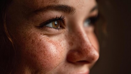 Obraz premium Close-up of a freckled face in profile, focusing on a brown eye and textured skin. Concept Close-up portrait, Freckled skin detail, Brown eye focus, Profile photography