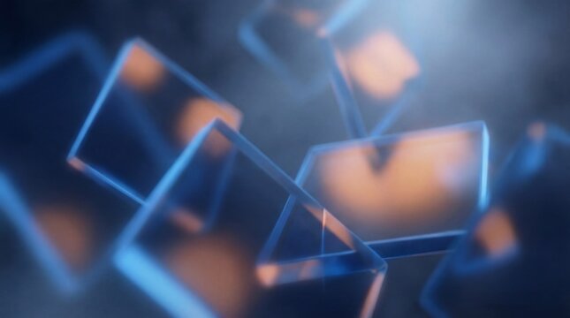 Abstract 3D render of glowing orange glass cubes with blue bokeh depth of field background for banner or website header