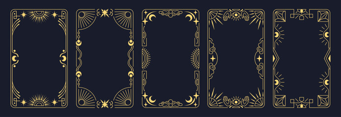 Tarot card design with mystical frame and celestial border elements. Elegant magic pattern with gold stars, moon symbols and esoteric ornaments on dark background. Vintage astrology card decks. © vectorpouch