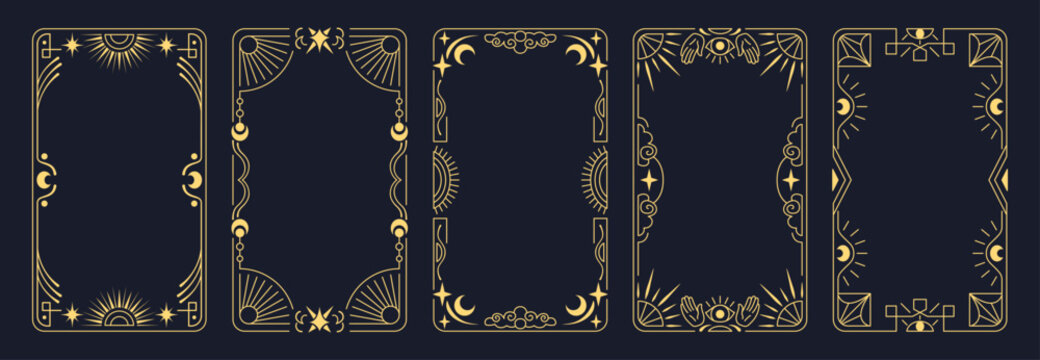 Tarot card design with mystical frame and celestial border elements. Elegant magic pattern with gold stars, moon symbols and esoteric ornaments on dark background. Vintage astrology card decks.