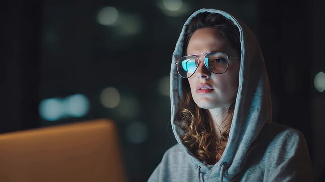 Young woman works late at night in a cozy setting while wearing a hoodie and glasses, focused on her laptop in a dimly lit room