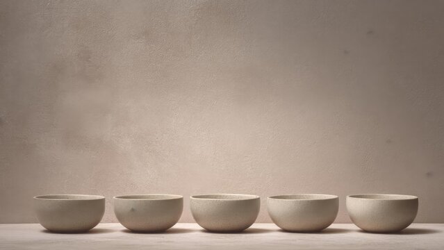 Five empty beige ceramic bowls lined up in a row on a light table against a neutral wall. Concept Five beige ceramic bowls lined up on a light table