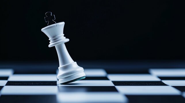 market uncertainty, business risk concept, financial instability, Strategy in Crisis: Chessboard with Collapsing King Piece in Dramatic Lighting, Symbolizing Business Downfall. Copy Space for Text.