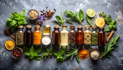 Culinary Spices and Herbs Arranged with Glass Bottles on Dark Stone Surface