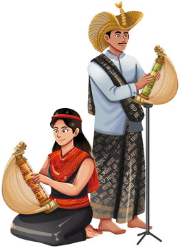 Musician Playing Sasando Indonesian Traditional Instrument Illustration