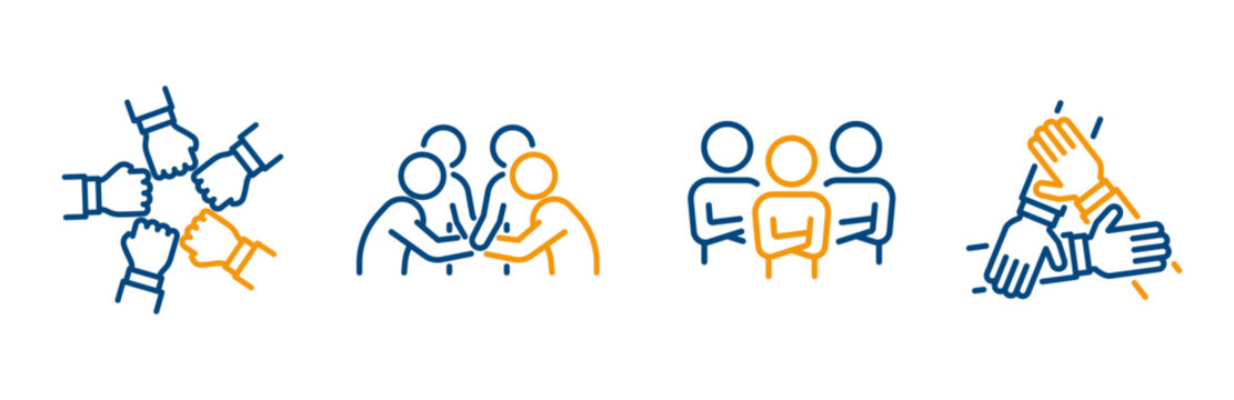 Set icon of three hands support each other, join the team, four hand supporting each other, collaborative teamwork, team icons, line vectors on white