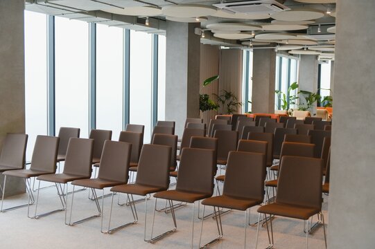 Modern empty conference room preparing for business event