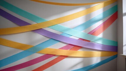 Naklejka premium Colorful paper streamers crisscrossing a white wall, creating a festive decorative display. Concept Colorful paper streamers, Festive decor, White wall backdrop, Party backdrop, Bright colors