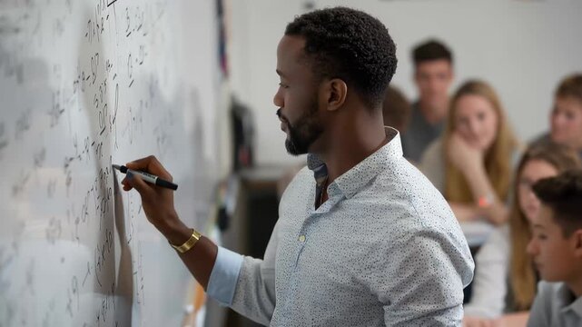Teacher writes on the board while students watch in a classroom during a math lesson in a school setting
