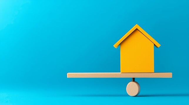 market uncertainty, business risk concept, financial instability, Unstable Property Market Concept - House Teetering on Seesaw of Debt Blocks with Copy Space for Text