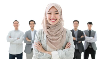 A smiling woman in a beige hijab stands with arms crossed, with four colleagues blurred in the background. Concept Professional portrait, Beige hijab fashion, Arms-crossed pose