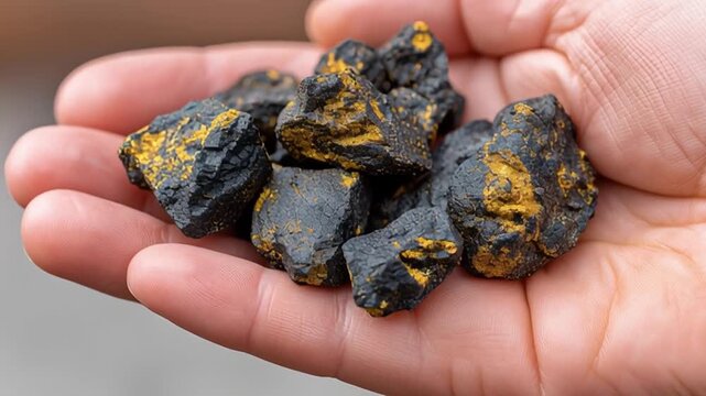 Closeup of palm holding rough black stones with golden mineral veins; fingers shift and tilt the handful slightly, revealing different facets and texture under soft daylight.