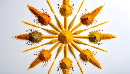 Culinary Sunburst: Spices Arranged in a Unique, Artistic Composition on White