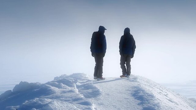 Two hikers on a snowy ridge walk forward through fog, one raises an arm to point, they pause side by side, then continue along the wind swept summit under pale winter light.