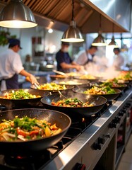 Culinary symphony: Woks sizzle with vibrant vegetables in a bustling restaurant kitchen