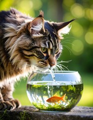 Curious Cat Watches Water Pouring into Fishbowl with Goldfish, Outdoors, Close-Up
