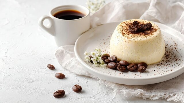 Creamy panna cotta dusted with cocoa, topped with coffee beans, plated with a cup of black coffee nearby. Concept Dessert Photography, Panna Cotta, Cocoa Dusting, Coffee Beans, Black Coffee Pairing