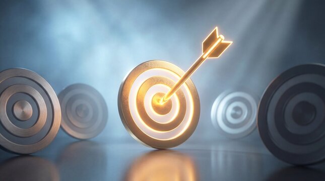 Gold arrow hitting bullseye on metallic target with spotlight and bokeh, business goal success concept for banner or website