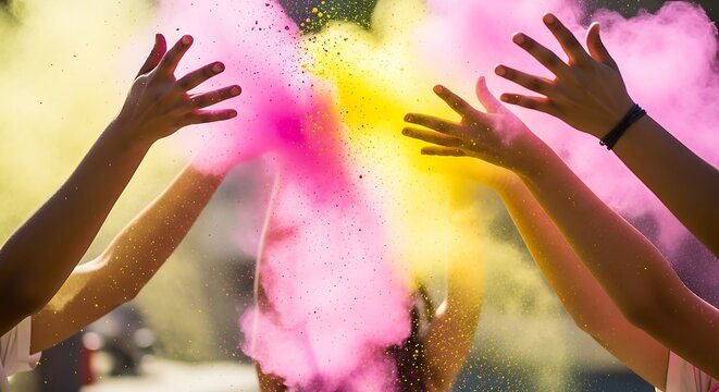 Excited hands throw vibrant, multi-colored powder into the air during a festive outdoor celebration, creating an artistic burst of yellow and pink hues in a moment of pure joy and community spirit