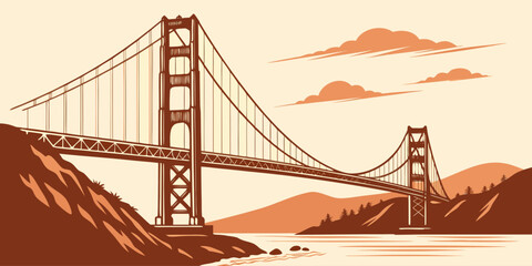 Fototapeta premium Golden Gate Bridge Vintage Wall Art – Warm Brown & Beige Illustration | Modern San Francisco Decor, U.S, USA, US, United States 