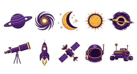 A set of ten purple and yellow cartoon spacethemed icons on a white background © Faisal