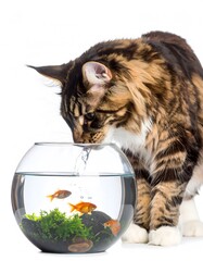 Curious Maine Coon Cat Inspecting Goldfish in a Glass Aquarium Bowl