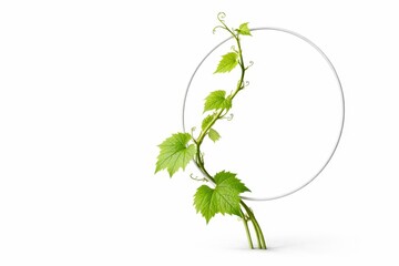 Young grapevine shoot climbing tight spiral around minimal white wire hoop tendrils gripping the loop botanical design high key studio isolated on white