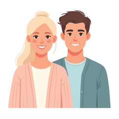 Obraz premium A young couple standing together smiling, illustration of a man and woman with happy expressions