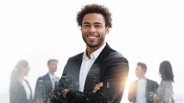 Confident Leader with Team: A confident business leader, radiating strength and expertise, stands at the forefront, embodying leadership and determination.