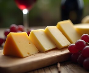 Artisan Cheeses on Wooden Board with Grapes and Wine