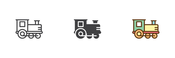 Naklejka premium Toy train icon set in line, solid and filled outline colorful style. Train icon icon shown as vector sign, symbol and color illustration for baby toys and playtime.