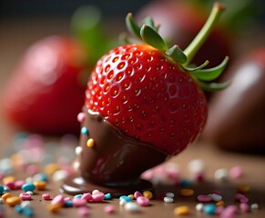 Strawberry Dipped in Chocolate with Flying Sprinkles