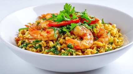 Shrimp and herb noodles in a white bowl, topped with cilantro and red chili slices. Concept Shrimp noodles, Herb noodles, Cilantro garnish, Red chili slices, White bowl presentation