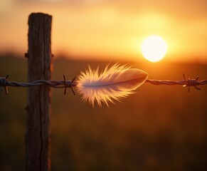 Feather on Barbed Wire Fence with Sunset Sky