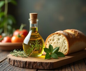 Olive Oil Bottle with Herbs and Rustic Bread