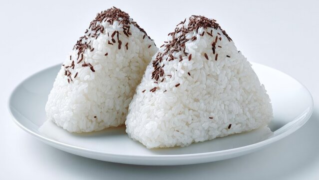 Two triangular onigiri (rice balls) topped with furikake on a white plate. Concept Two triangular onigiri with furikake, Japanese rice balls on a white plate, Minimalist food presentation