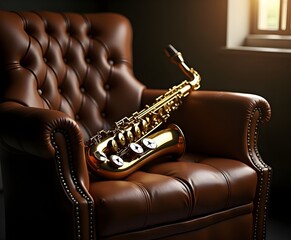 Shiny Saxophone on Vintage Leather Chair with Spotlight