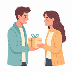 Fototapeta premium A man giving a gift box to a smiling young woman standing face to face