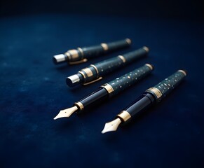 Luxury Fountain Pens Arranged on Royal Blue Velvet Surface
