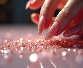 Shimmering Nail Sequins Pouring onto Glossy Table with Mirrored Light