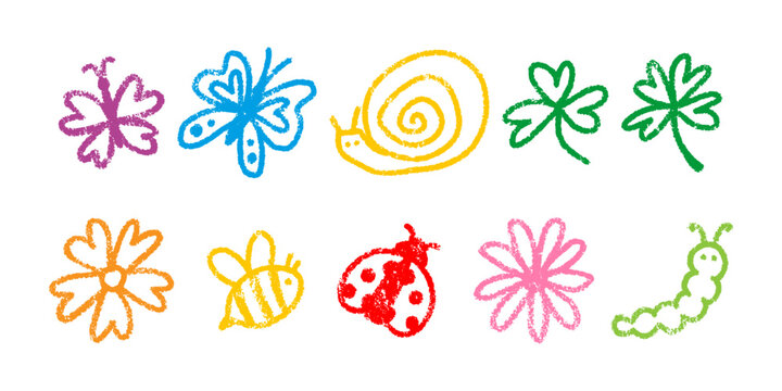 Cute kids chalk drawing doodles set. Colorful spring nature doodles drawn with chalk or wax crayons. Set of butterfly, snail, flower, bee, ladybug and caterpillar.