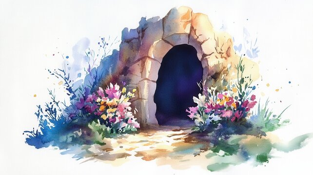 Easter resurrection concept with empty stone tomb entrance and colorful flowers spring painting watercolor
