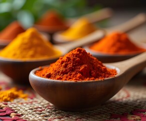 Vibrant Spices in Wooden Spoons over Traditional Handwoven Rug