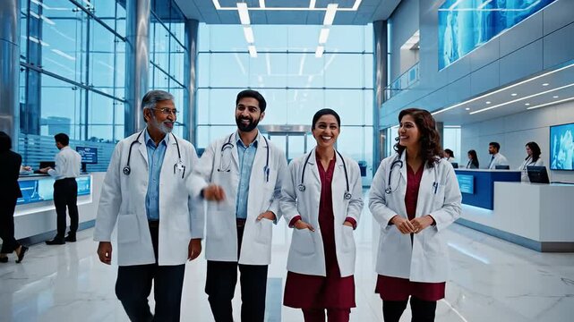 Indian doctors walking. medical team portrait. modern hospital staff. confident professionals smiling. diverse healthcare workers.