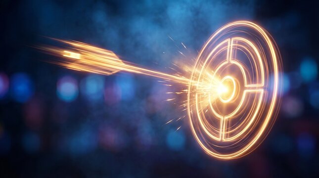 Glowing orange holographic target HUD with motion trail on dark blue bokeh background for technology banner or cybersecurity concept