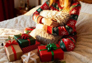 Female in festive pajamas with christmas gifts on bed