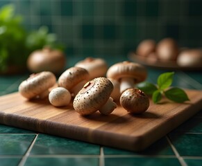 Exotic Mushrooms on Cutting Board over Green Tiled Surface
