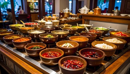 Delicious Buffet Spread with a Variety of Dishes and Condiments.