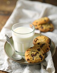 Delicious chocolate chip cookies and a refreshing glass of milk.