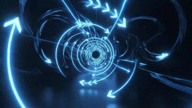 A blue neon tunnel with arrows circling a central point, a digital abstract perspective